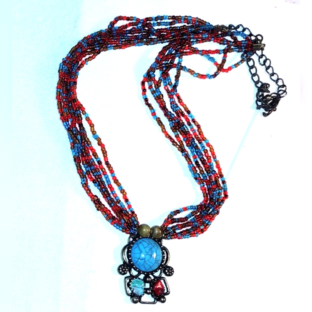 Multi-strand Turquoise & Red Beaded Necklace